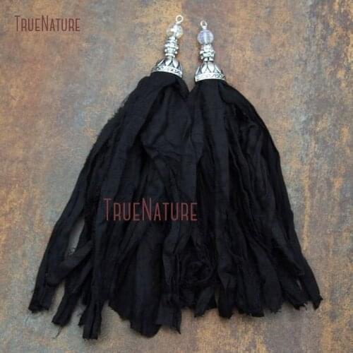 New Design Black Sari Silk Tassel Necklace Pendant Antique Silver Cap Rhinestone Beads Pave Tassel Charm In 6.8inch PT7908