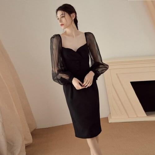 202 New Fashion Elegant Black Pageant Women Midi Long Sleeve Party Dress Holiday Outfit Festival Vestido Wholesale Online