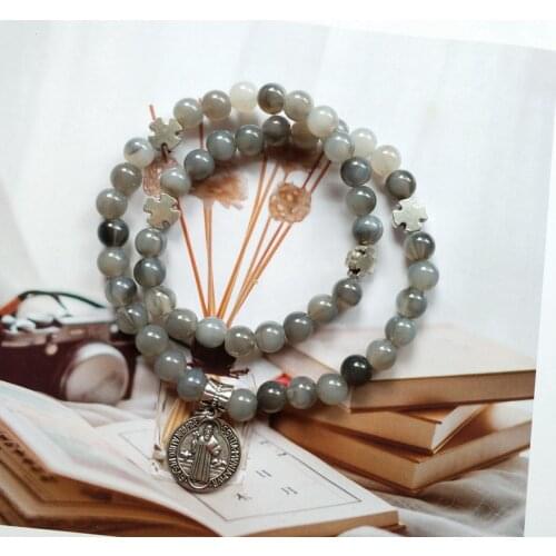 QIGO Gray Acrylic Strand Long Bracelets Saint Benedict Pendant Men Bangles Religious Jewley