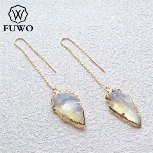 FUWO Carved Opal Arrowhead Earrings With Light Gold Electroplated Edge Raw Crystal Stone Threader Earrings Wholesale ER022