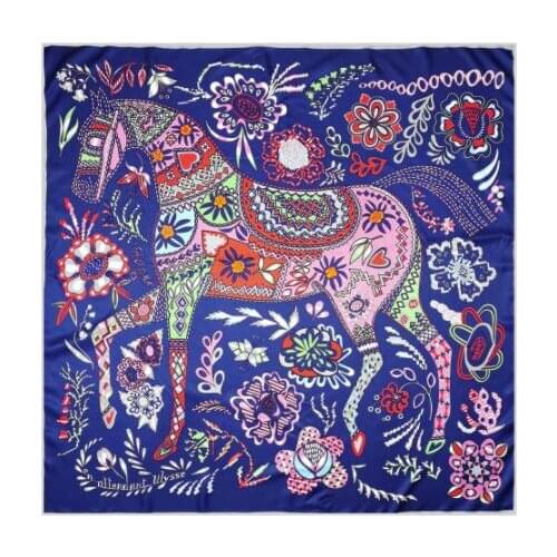 90CM Manual Hand Rolled Twill Silk Scarf Women Colorful Horse Square Scarves Echarpes Foulards Femme Wrap Bandana Hijab