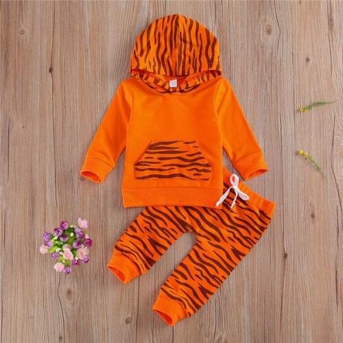 Autumn Orange Boy Sets Clothes Tiger Pattern Hooded Long Sleeve Sweater With Socks Party Halloween Girls Baby Boy Clothes