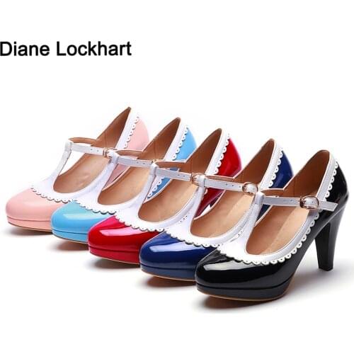 Women Patent Leather Fretwork Pumps Sweet Shallow Shoes T Strap Mary Janes Shoes Female Heels Ladies Footwear Sandalias De Mujer