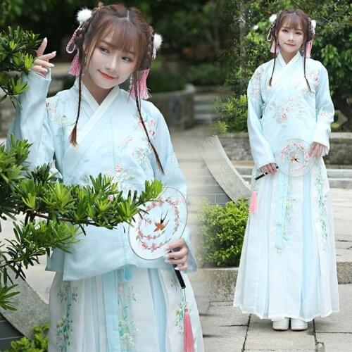 Embroidered cross collar long sleeve jacket skirt waist length Ru skirt big swing skirt Han element performance set