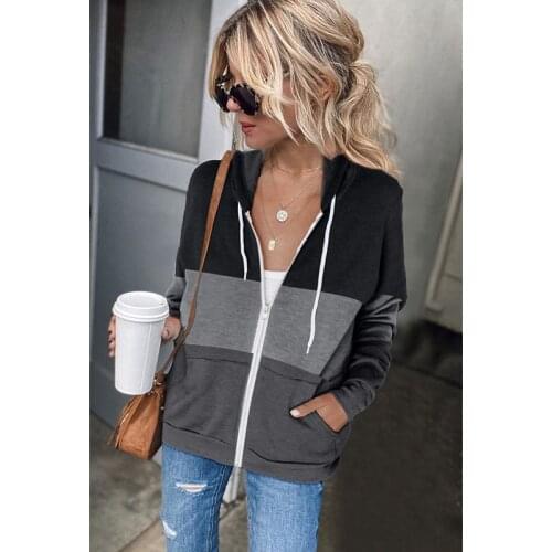 Womens Hooded Jacket Color Contrast Striped Long Sleeve Jackets Zipper Pocket Cardigan Casual Sports Hoodie Autumn Clothing