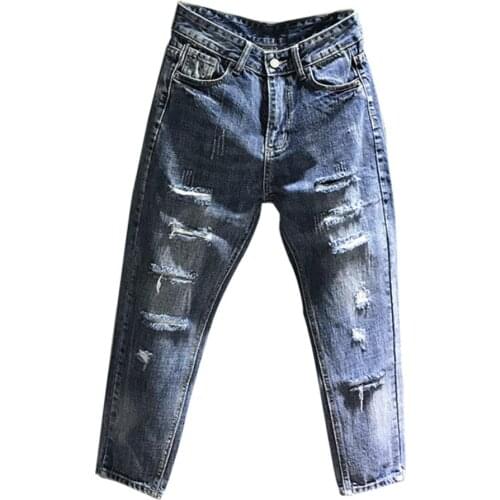 Spring summer new fashion hole jeans women loose ankle length harem pants plus size 26-31