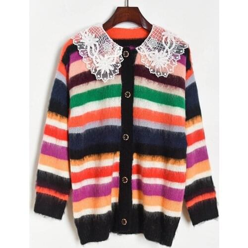 Mohair Cardigan Women Rainbow Sweater Coat 2020 Autumn Winter Striped Knitted Coat Lace Turn Down Collar Cardigans Sueter Mujer