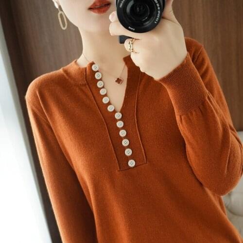 Ladies V-neck long-sleeved wool knit sweater Pure color plus size pullover casual top 2021 spring new loose bottoming sweater