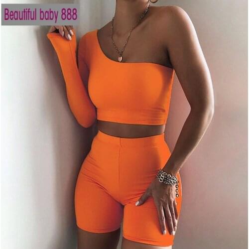 Meqeiss Casual Sports Asymmetry Long Sleeve Skinny Fitness Two Pieces Set Women Fashion Off Shoulder Crop Top And Bike Shorts