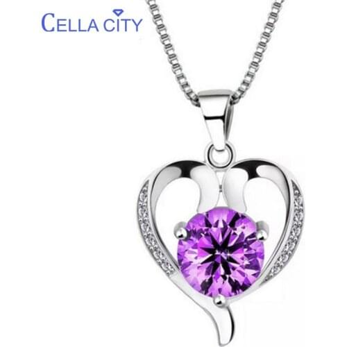 Cellacity Heart shaped Pendant Necklace for Women Silver Jewelry 925 Gemstones Amethyst Clavicle Chain Female Gift Wholesale