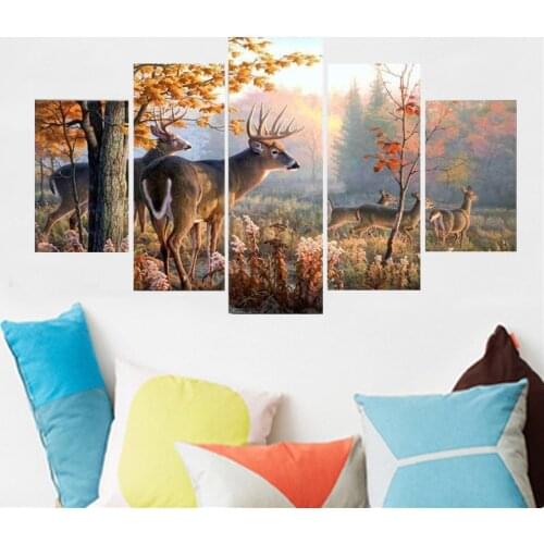 5 Piece Wall Art Canvas Painting Animal The Deer Are Wary Of Zhou Wei Poster Modern Home Framework Bedroom Decoration Pictures
