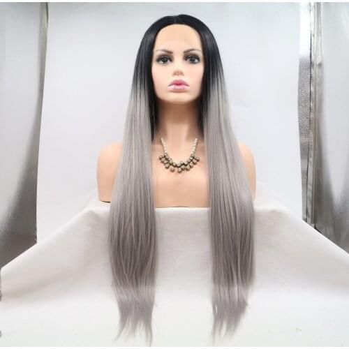 Baicheng Ombre Grey Lace Front Wig Long Wavy Synthetic Wigs For Women Gray Cosplay Wigs With Black Roots Heat Resistant Fiber