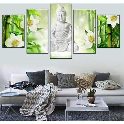 Buddh Wall Art Canvas Vertical for Living Room Decoration 5 Panels Painting Modern Still Life Buddha Orchid Bamboo Green for Hom