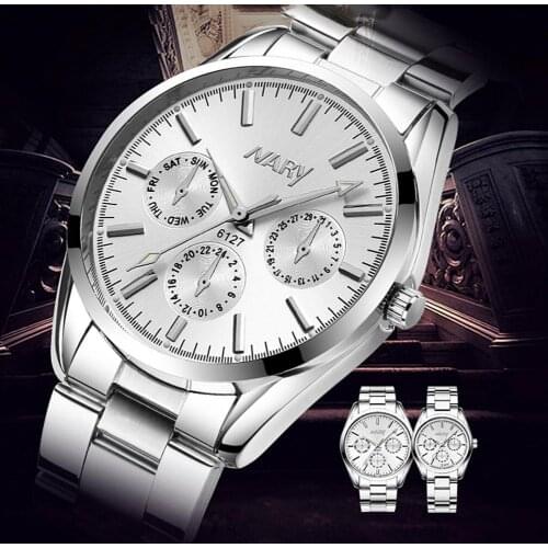 NARY Fashion Adjustable 3 Decorative Dial Steel Strap Office Business Silver Quartz Wristwatch Couple Watch Casual Watch Clock