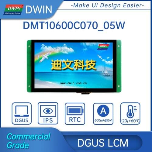 DWIN 7inch TFT LCD Display, 1024*600 HMI Smart Touch Screen, Commercial Grade,Smart UART Serial IPS LCD Module,DMT10600C070_05W
