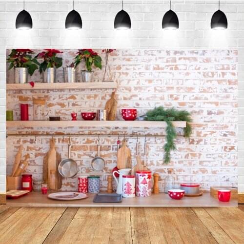 Laeacco Christmas Backdrop Photographic Kitchen Brick Wall Cup Family Portraits Photography Photo Background For Photo Studi