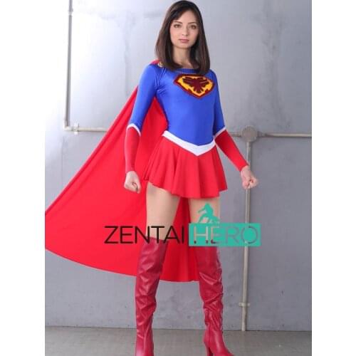 Hot Sexy Womens Superhero Spandex Bodysuits Blue/Red Supergirl Lady Zentai Catsuit Movie Cosplay Giga Leotard With Cape