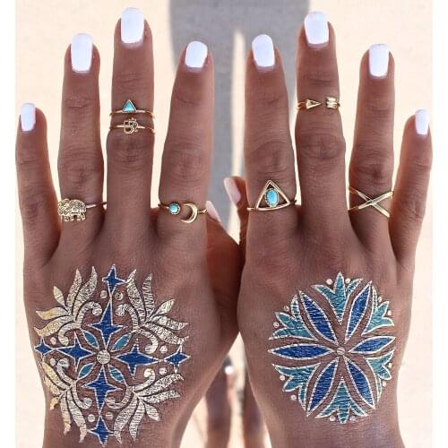 7pcs / lot Boho Gold Elephant Arrow Moon Blue Natural Stone Geometric Ring Set Female High-end Personality Jewelry Accessories