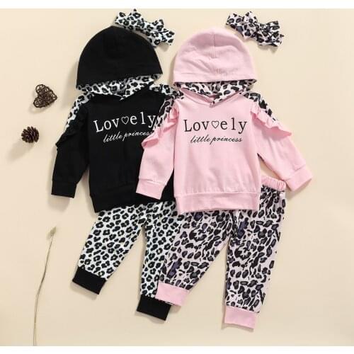 3 Pieces Kids Suit Set, Letter Print Long Sleeve Hooded Tops+ Leopard Print Long Pants+ Headband for Girls, 6 Months-4 Years