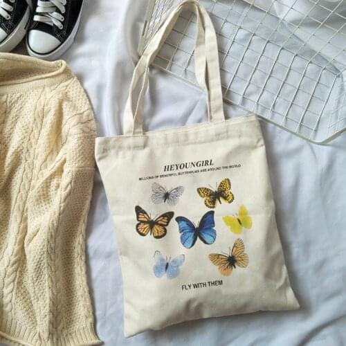 Summer Vintage new cartoon butterfly print chic Korean sweet Ulzzang Harajuku large capacity canvas ins womens shoulder bag