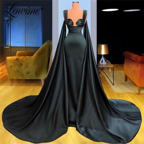 Lowime Dark Green Satin Long Evening Dresses Plus Size Evening Gown 2021 Formal Arabic Middle East Celebrity Dresses Party Dress