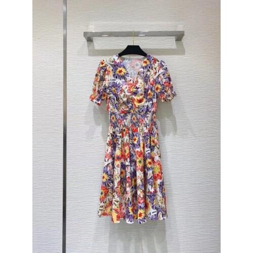 Fashion Runway Summer Short Sleeve Dress Womens elastic Waist Floral Print Elegant Party Holiday Knee-Length Dress