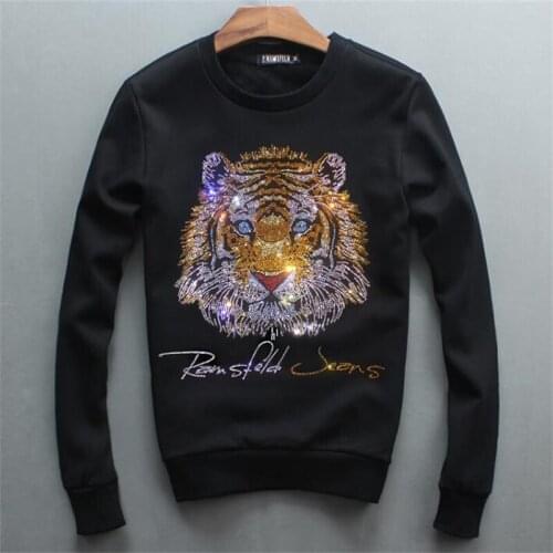 2021 Autumn And Winter New Mens Round Neck Joker Quality Tiger Rhinestone Hoodie Casual Warm Bodybuilding Sweatshirt