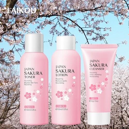 Face Skin Care Set Japan Cherry Blossom Essence Facial Cleanser Moisturizing Toner & Face Lotion & Collagen Beauty Makeup Set