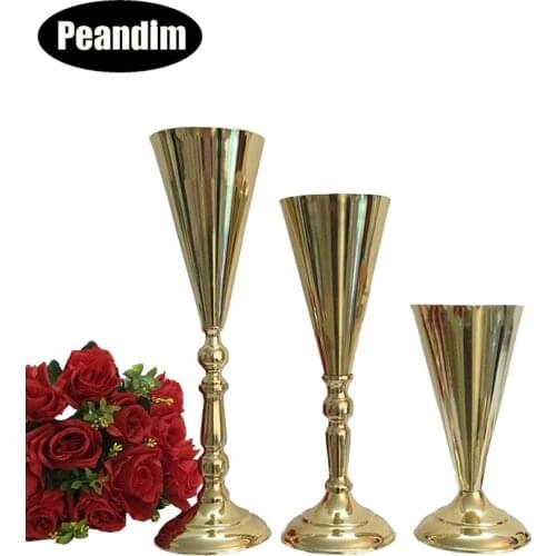 PEANDIM 10pcs/lot Gold Floor Flower Vase Event Table Centerpiece Road Lead Flowers Stands Party Home Decoration