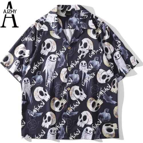 Skulls Full Printed Short Sleeve Shirts Men Summer Loose Hawaiian Korean Streetwear Hip Hop Couple Fashion Harajuku Shirts Tops