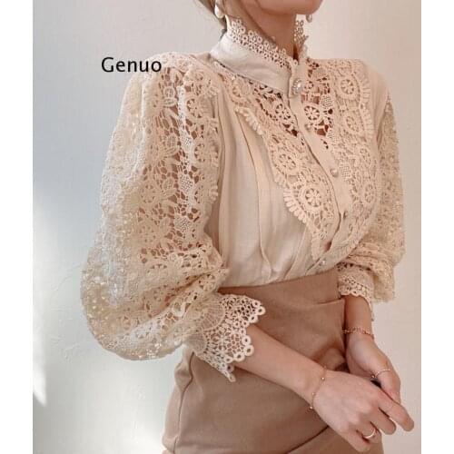 Petal Sleeve Stand Collar Hollow Out Flower Lace Patchwork Shirt Femme Blusas All-Match Women Blouse Chic Button White Top
