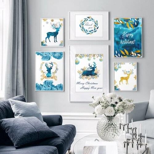 Silhouettes Blue Christmas Yellow Elk Wreath Letter Canvas Nordic Painting Wall Pictures Poster Living Children Room Decoration
