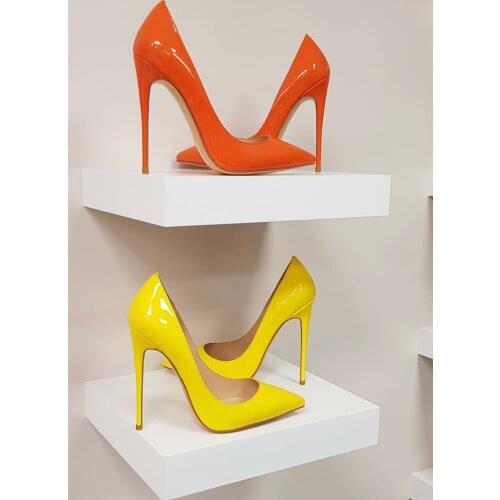 Sexy lady fashion womens shoes yellow patent leather pointy toe stiletto stripper High heels bride wedding pumps large size 44
