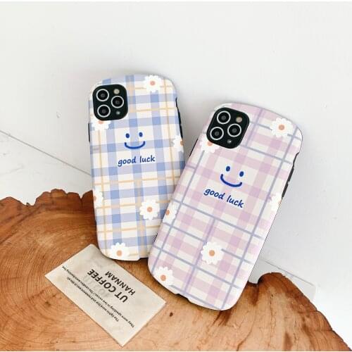 GOOD LUCK smiley face small flower lambskin phone case for iPhone X and XS Max 11 Pro Max 7 8 plus oval soft case