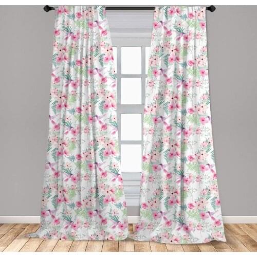 Hummingbird Window Curtains Romantic Valentines Day Love Roses Hibiscus Background with Colibri Window Drapes with Rod Pocket
