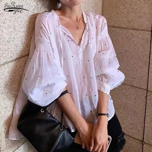 Plus Size Perspective Polka Dot Shirt Korean Loose All-match Ladies Buttons Tops Sweet Fall Long Sleeve White Blouse Women 15561