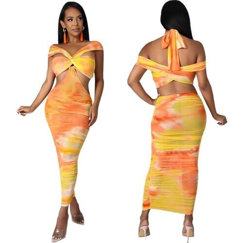 Ladies Summer Womens Clothing 2021 Fashion Sexy New Products Milk Silk Tie-Dye Print Chestless Dress Long Skirt Woman Summer