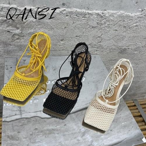 2021 Sexy Square Toe Hollow Out Cross-tied High Heel Women Sandals Fashion Baotou Stiletto Women Shoes Thin Belt Sandals Women
