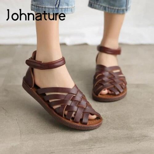 Johnature Retro Sandals Women Shoes Genuine Leather 2021 New Summer Flat With Hook & Loop Casual Handmade Weave Ladies Sandals