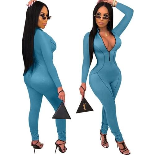 Women Autumn Winter Deep V-Collar Polyester Sexy Playsuit Sportswear Long Sleeve Body Solid Rompers Female Jumpsuit Plus Size