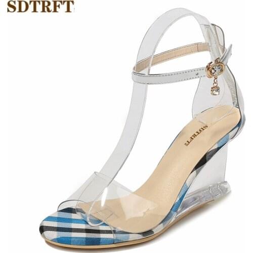 SDTRFT Summer crystal shoes woman 8cm High-Heeled Open Toe sexy Transparent wedges PVC sandals Ankle Strap Narrow Band pumps
