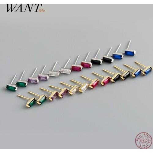 WANTME Real 925 Sterling Silver Sweet Luxury Geometric Shiny Colourful Zircon Stud Earrings for Women Charms Party Jewelry Gift