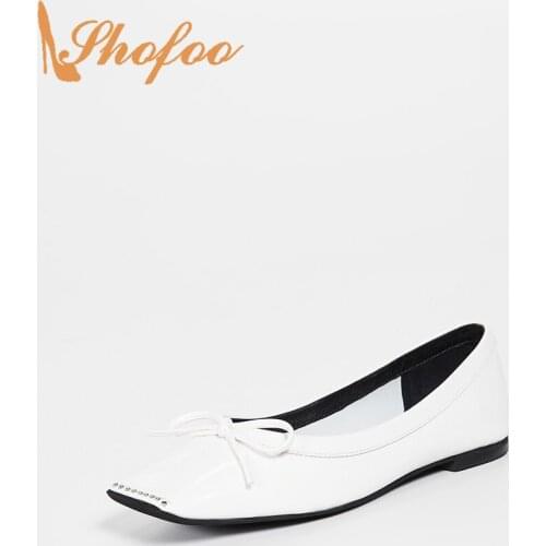 White Ballet Flats Butterfly-Knot Women Large Size 15 16 Ladies Casual Shoes Rivet Metal Studs Square Toe Fashion Mature Shofoo