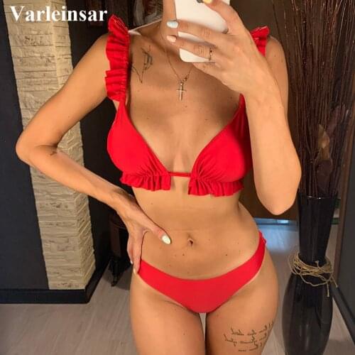 2020 Ruffled Frilled Bikini Female Swimsuit Women Swimwear Two-pieces Bikini set Mid Waist Bather Bathing Suit Swim Lady V2358