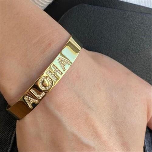 VishowCo Customized Name Bracelet with Diamon Letter Personalized Custom Cuff Bangles Women Men Stainless Steel Jewelry Gifts