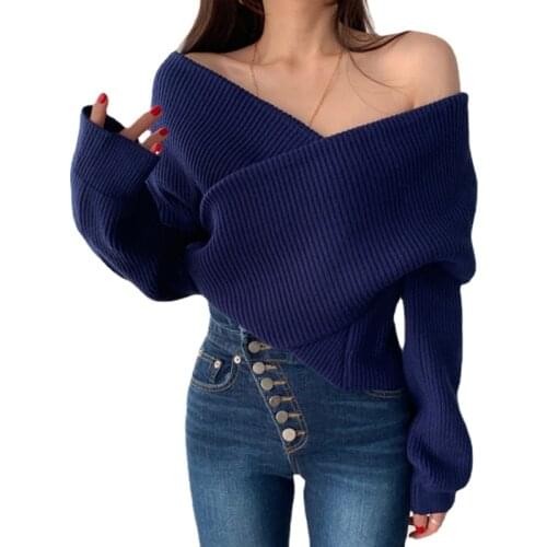 New Autumn Korean Women Sexy Sweater Slash Neck Cold Shoulder Cross Front Knitted Pullover Top Long-sleeved Blue White Jumper