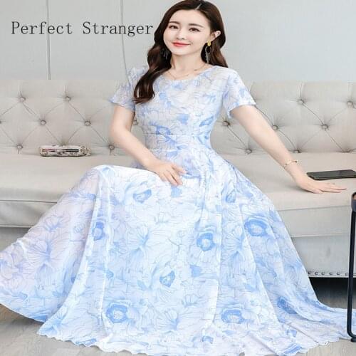 2021 Summer New Arrival Bohemian Style Hot Sale Round Collar Flower Printed Women Chiffon Long Dress High Quality Girl Clothes