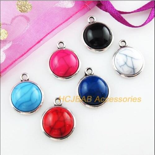 18 New Round Mixed Charms Stone Tibetan Silver Color Pendant 14x17mm