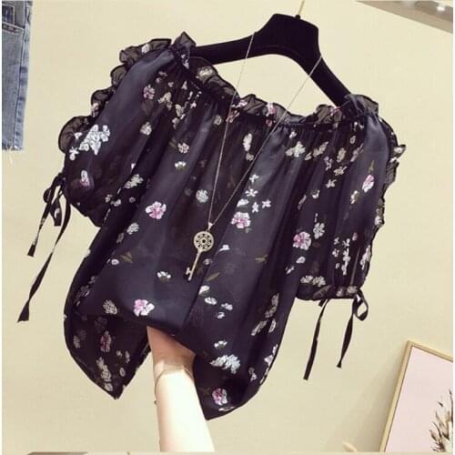 Fashion women blouses 2020 Ruffled print chiffon blouse shirt summer tops short sleeve women shirts Black and white