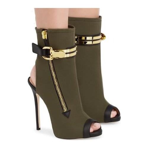Carpaton Fashion New Army Green Canvas Metal Buckle Peep Toe Side Zipper High Heel Sandals Sexy Stiletto Short Boots Female